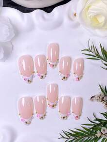 10 Handmade Almond-Shaped Press-On Nails. Crafted With A Nude Base, They Feature Hand-Painted White French Tips, Starbursts And Colorful Rhinestones. Suitable For Daily Wear, Concerts And Light Business Occasions. - Multicolor - View 4