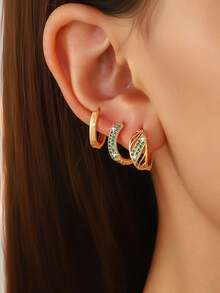 6pcs/Set Luxury Copper Inlaid Zirconia Four-Leaf Clover Round Geometric Hollow Earrings Set, 18K Gold Plated Shiny Fashion Geometric Women's Earrings, Hypoallergenic Dating Gift - Green - View 3