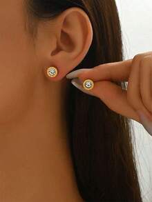1 Pair Stainless Steel Small Roman Numeral Rhinestone Stud Earrings, Round Small Earrings, Suitable For Daily Wear - Yellow Gold - View 7