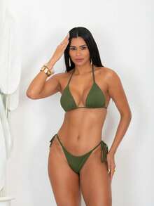 Triangle Bikini With Double Polyamide String Tie-Up Panties - Army Green - View 1