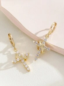 Anting-anting Wanita Gaya Pelajar yang Imut dan Lembut, Bertatahkan Salib Mutiara Imitasi dan Zirkonia, Bahan Tembaga, Cocok untuk Pemakaian Sehari-hari - YE0325 - View 8