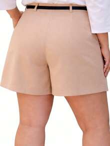 Women's Plus Size Tailored Shorts With Belt And Pockets, High Waist - Beige - View 4