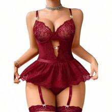 Lilosy Sexy Stocking Rhinestones Heart Garter Underwire Floral Mesh Lace Sheer Babydoll Lingerie Teddy Bodysuit Skirt Set - 純酒紅色 - 查看 3