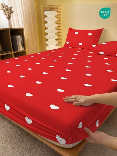 1pc Heart Patter Fitted Sheet, Pillowcases Not Included, Bed Linen, Fitted Sheet, Mattress Protector, Skin-Friendly Mattress Cover, Cute Heart Design Home Decor, Suitable For Twin, Full, Queen, King Size Beds, Oeko-Tex, Dorm Bedding, Summer, Cozy