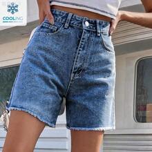 yonghongmaoyi1  Shorts vaqueros casuales con dobladillo deshilachado lavado para verano - Azul lavado oscuro - Ver 8