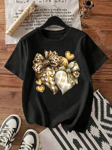 Leopard Print T-Shirt With Heart And LOVE Lettering, Retro Boho Aesthetic Style, Short Sleeves, Round Neck, Summer - Black 2 - View 1