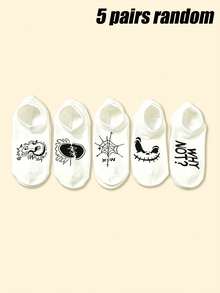 5 Pairs/10 Pairs Unisex Funny Expression Spider Web Letter Invisible Boat Socks, Suitable For Party, Travel, Vacation, Summer Outfits - Multicolor - View 9