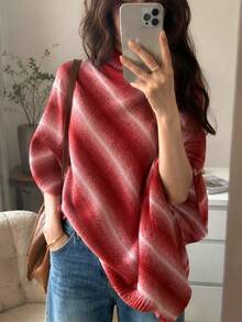 Red & White Ombre High Neck Knitted Shawl, Women's Loose Versatile Triangular Poncho Style Scarf For Spring & Autumn - Multicolor - View 3