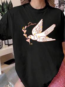 Simple T-Shirt With Peace Dove Print - Casual Crew Neck T-Shirt With Dove And Lettering Print, Machine Washable, Suitable For Summer, Everyday Work And - Black - View 1