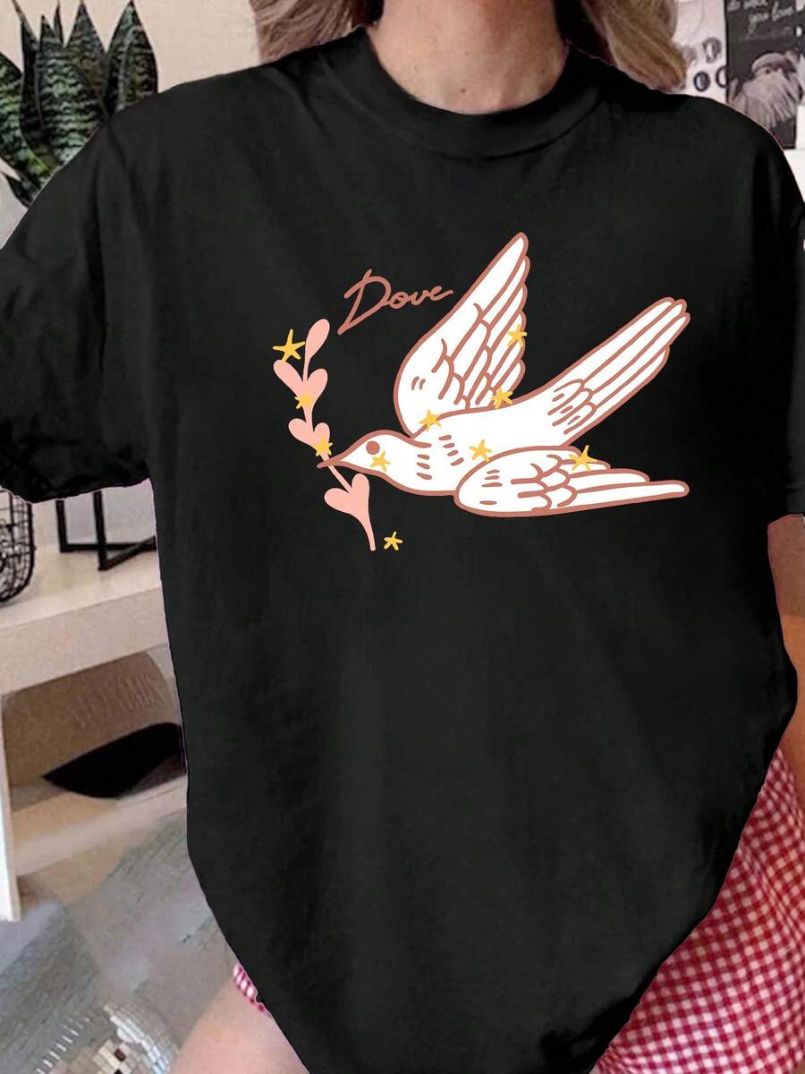 Simple T-Shirt With Peace Dove Print - Casual Crew Neck T-Shirt With Dove And Lettering Print, Machine Washable, Suitable For Summer, Everyday Work And - Black - View 1