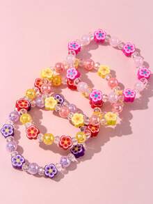 4pcs/Set Girls Cute Flower Polymer Clay Beaded Bracelet & Hand Chain Jewelry Set, Suitable For Holiday Parties, Campus And Daily Wear - Multicolor - View 1
