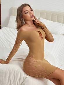 Women's Fashion Sexy Hollow Out Off-Shoulder Fitted Bodycon Dress Elegant - Khaki - View 1