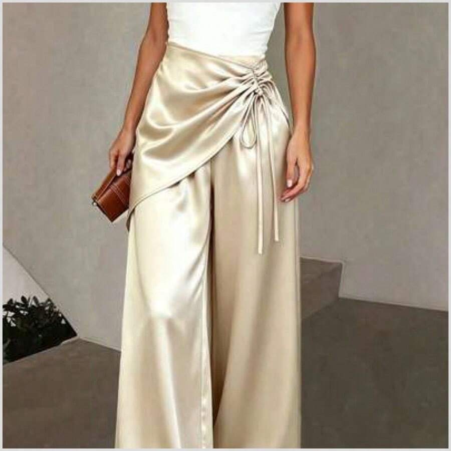 Pantalones rectos de mujer de tela de satén con pliegue delantero y decoración de nudo, adecuados para ir al trabajo, uso diario en primavera/verano - Caqui - Ver 1