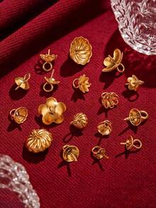 20 piezas de tapas de cuentas de acero inoxidable 304, postes de pendientes con estilo mixto de flor/hoja/redondo chapados en oro, hallazgos para hacer joyas DIY para perlas y montaje de cuentas - sombrero de cuentas - Ver 1