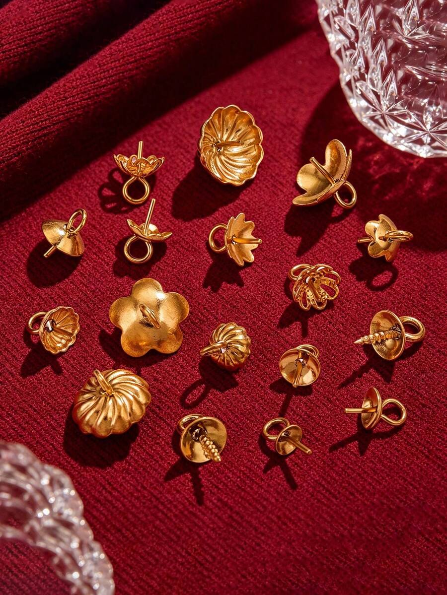 20 piezas de tapas de cuentas de acero inoxidable 304, postes de pendientes con estilo mixto de flor/hoja/redondo chapados en oro, hallazgos para hacer joyas DIY para perlas y montaje de cuentas - sombrero de cuentas - Ver 1