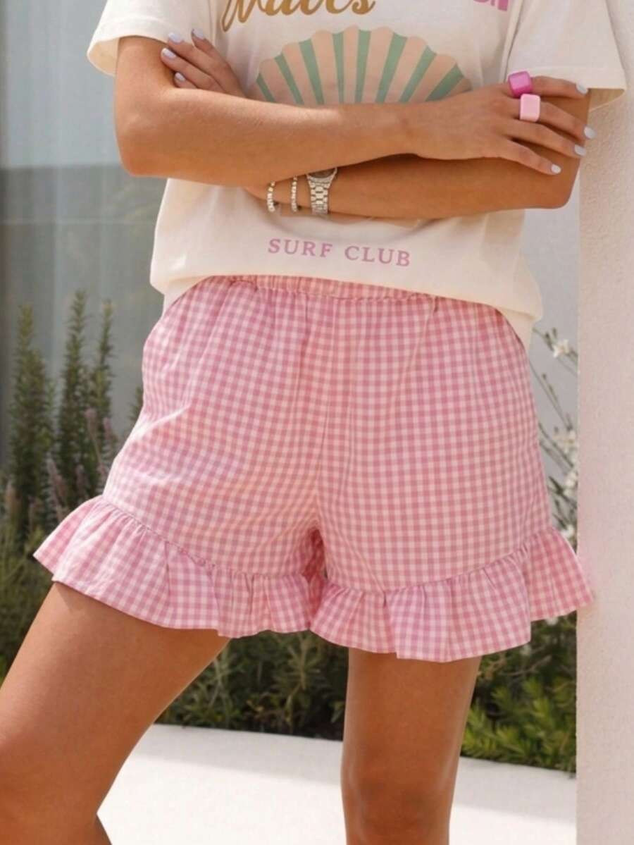 Short d'été à volants à carreaux pour femmes - Taille élastique avec poches - Rose bonbon - Voir 1