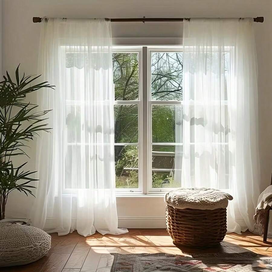 1PC Modern White Chiffon Semi-Transparent Sheer Curtain, Machine Washable, Suitable For Living Room, Bedroom, Kitchen, Wedding And Event Decoration, Blackout Curtain, Romantic Style Decorative Sheer Curtain - White (1pc) - View 1