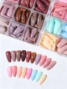 576 Pcs (24 Mixed Colors) Long Almond Glossy Brown, Light Brown Acrylic Press-On Nails, Perfect Fit, Easy To Wear, Suitable For Women's Daily Work, Parties, And Other Occasions. - Multicolor - View 3