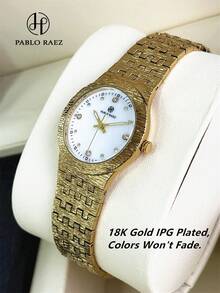 PABLO RAEZ 1件女款手錶，18K金，奢華正裝時尚手錶，不鏽鋼IPG錶殼，優雅新設計，銀色石英手錶，時尚白色/黑色錶盤，日期顯示，高品質，受歡迎的女款腕錶，日曆顯示，50米防水，實心鋼錶帶，珠寶扣，休閒青年可愛手錶，送給朋友或家人的精美禮物，適合日常生活/工作/派對/度假裝飾，婚禮/畢業/生日禮物 - 金色 - 查看 5