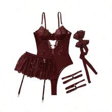 Lilosy Sexy Stocking Rhinestones Heart Garter Underwire Floral Mesh Lace Sheer Babydoll Lingerie Teddy Bodysuit Skirt Set - 酒紅色 - 查看 4