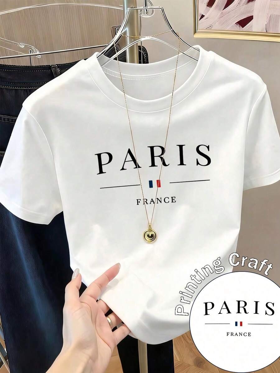 Women's Casual Shirt Print T-Shirt, Short Sleeve And Round Neck, Local Spring/Summer Urban Fashion. - 白色 - 查看 1