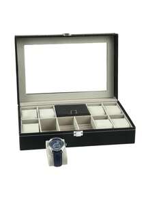 1pc Black Faux Leather Watch Box With Glass Lid, Metal Lock Dust-Proof Watch Storage Box, Unisex Desktop Jewelry Display Box, Perfect Gift Choice - Multicolor - View 2