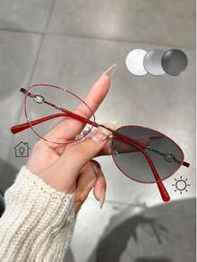1pc Photochromic Y2K Gold Thin Frame Cat Eye Glasses With Case, Women's Daily Spring/Summer New Item, Non-Prescription Decorative Glasses, No-Makeup Look Accessory - Multicolor - View 5