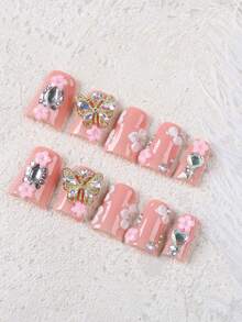 10pcs Glossy Duck-Shaped Press-On Nails, Nude Pink Acrylic Fake Nails, 3D Butterfly, Flower & Sparkling Rhinestone Decor, Sweet Girly Style, Flattering & Eye-Catching, Suitable For Daily Wear & Party, Hot-Selling Butterfly Nail Stickers Handmade Press On Nails - Pink - View 6