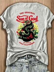 Women's Casual Cotton Short Sleeve Round Neck T-Shirt With 'Son Of God' Front Print And Back Serpent Graphic Tee - 灰色1 - 查看 4