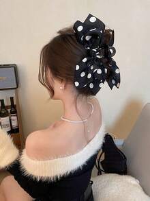 甜美百搭圓點大蝴蝶結髮夾，高級感少女風後腦勺抓夾，時尚優雅新款圓點蝴蝶結髮夾髮飾 - 彩色 - 查看 7