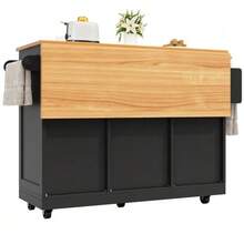 Kitchen Island, Serving Cart With Worktop, Sideboard, Wood-Finish Serving Cart, Side Towel Rack, Three-Dimensional Cupboard Doors On Casters, Adjustable Partitions, White - 黑色 - 查看 7