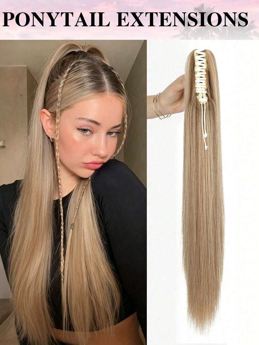 Ekstensi Rambut Ekor Kuda Sintetis Lurus 26 Inci 150g/Paket untuk Wanita, Ekstensi Rambut Serat Tahan Suhu Tinggi - Light Brown - View 1