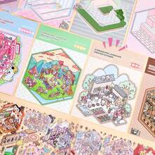 1 Pack 50pcs Decorative House Stickers, Scene Stickers, Landscape Stickers (30pcs Material + 20pcs Background Cards), Miniature Scene Stickers, Landscape Stickers, Manual Stickers, Sticker Small House Scene, Reusable, Multiple Sizes Available - Cute Pink - View 8