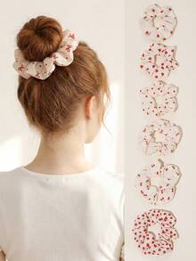 6 Stück elegante frische rote Kirschen kleine Blumen Herz Blumen Scrunchies Haargummis, geeignet für tägliche Lässig Urlaubsoutfits Pferdeschwanz Gummibänder - Verschiedenfarbig - Übersicht 3