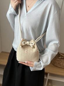 Solid Color Mini Straw Woven Foldable Drawstring Shoulder Bag (Flower Position And Color Randomly Vary) - Khaki - View 7