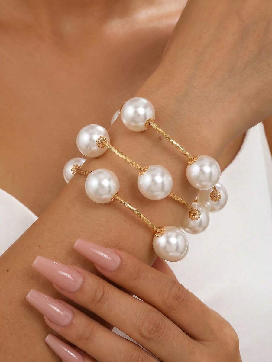 NAIZHU 3/6er Set modische europäisch-amerikanische übertriebene Armbänder mit Kunstperlen und Metallkugeln, tägliche Party-Accessoires für Damen - Verschiedenfarbig - Übersicht 1