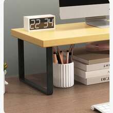 1pc Yellow Wooden Storage Rack Monitor Riser Stand Base Elevated Shelf Desktop Computer Riser Office Desktop Storage Rack - Brown - View 2