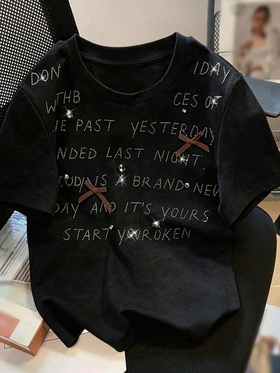 Resyla Camiseta de manga corta, cuello redondo, minimalista y de moda para mujer con adorno de encaje, regalo para amigos - Negro 2 - Ver 1