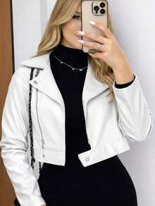 Women's Faux Leather Biker Jacket With Zipper And Buttons, Elegant And Modern, For Winter, Autumn, And São João (Saint John's Day). - 白色 - 查看 2