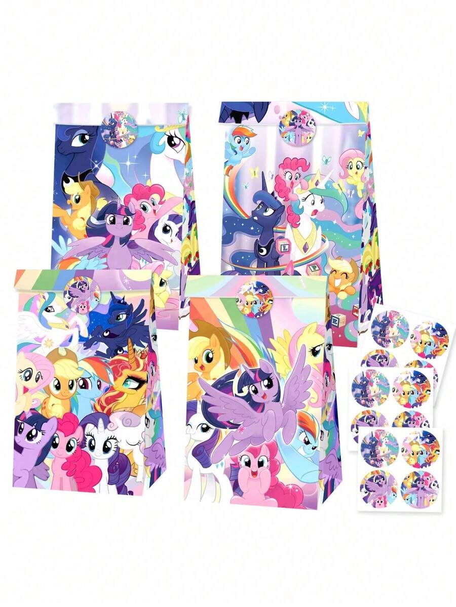 12/Set My Little Pony Birthday Party Candy Paper Bags, 12Stickers Birthday Party Gift Bags, Kraft Paper Flat Packaging Bags,Packaging Paper Bags, Perfect For Parties And Gifts - View 1