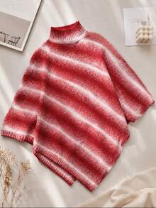 Red & White Ombre High Neck Knitted Shawl, Women's Loose Versatile Triangular Poncho Style Scarf For Spring & Autumn - Multicolor - View 5