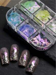 6格幻彩羽毛美甲亮片套組，漸層極光羽毛亮片，日系透明風美甲DIY裝飾配件美甲飾品 - 彩色 - 查看 4