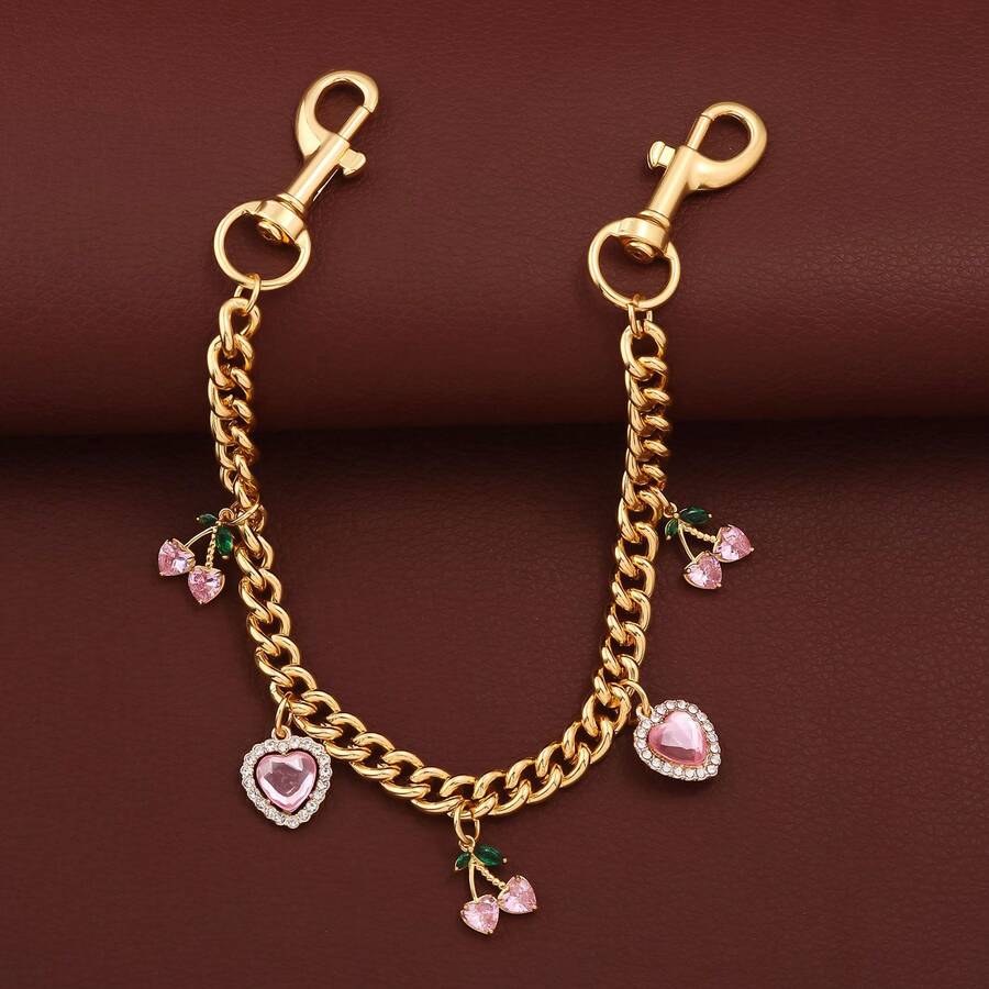 Sweet Cute Pink Gem CherryKeychain Korean Fruit Charm BagAccessorie Heart Bag Pendant Jewelry Girls Valentine's Day Gifts Handbag Extension Chain