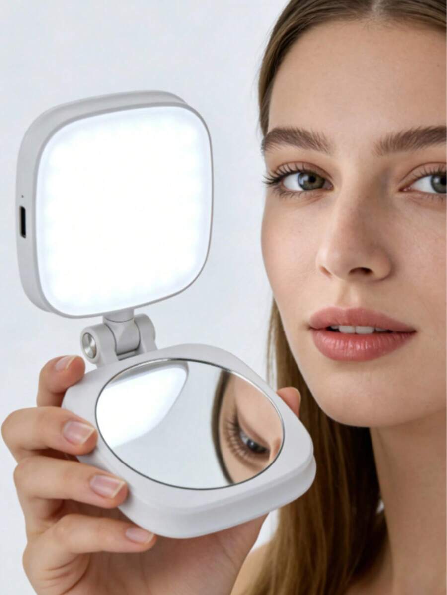 1pc Multifunctional Foldable Selfie Fill Light, Multi-Angle Rotating Mirror, Portable Makeup Mirror With Beauty Light, Stand-Up Desktop, Travel & Home Beauty Tool, Computer Round Live Stream Light, USB Rechargeable Phone Fill Light, 3-Level Adjustable Brightness, Beauty Fill Light, Laptop & Tablet Photography - Magnetic Fill Light Mirror - View 1
