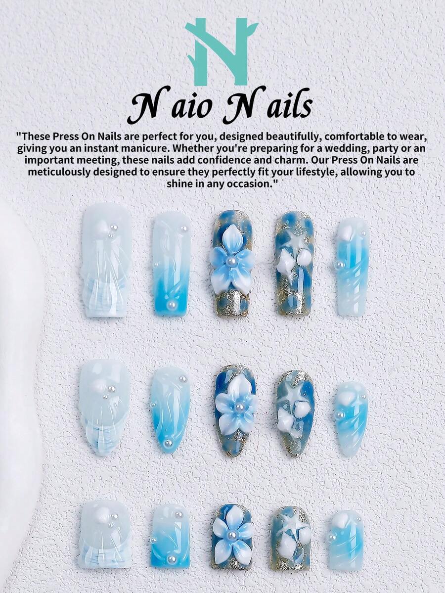 NAIO 10片/組手工穿戴式美甲貼片,3種尺寸:棺材型/杏仁型/短方型,Y2K辣妹風,白藍法式邊緣,海洋設計,3D花朵、海星、貝殼與珍珠裝飾,女款與女孩適用,派對與日常佩戴,含工具組,禮物與美甲用品 - 彩色 - 查看 1