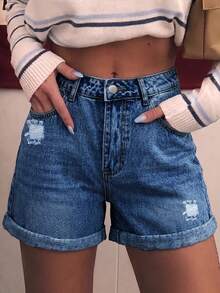 New Classic Versatile Minimalist Casual Non-Stretch Washed Solid Color Cuffed Hem Women's Pocket Straight Leg Denim Shorts - Dark Wash - View 3