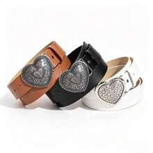 Women's Vintage Heart Buckle PU Leather Belt, Adjustable Western Waist Belt For Jeans & Dresses - Heart-shaped Belt - View 2