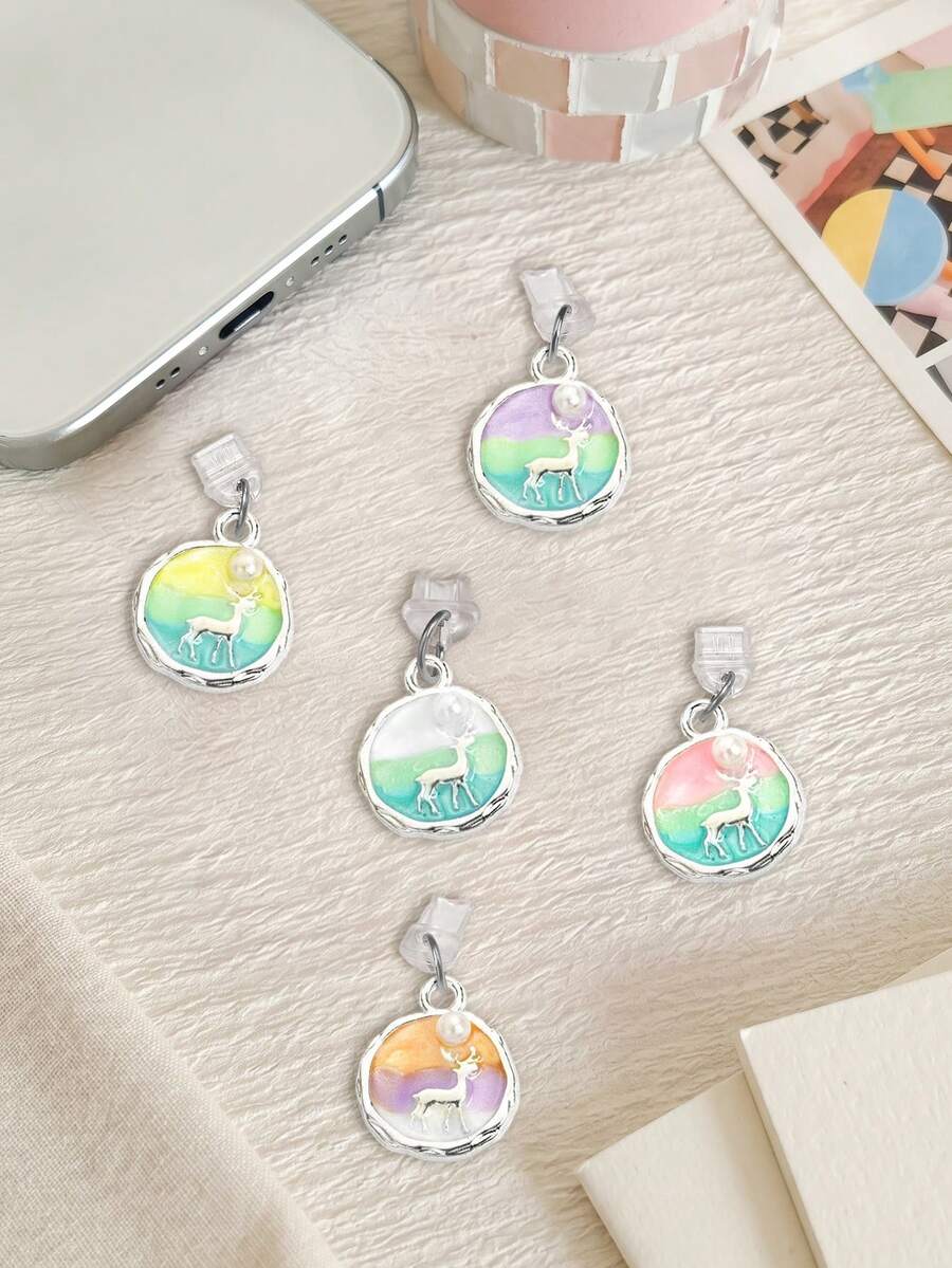 Deer Pearl Style Phone Dust Plug, Oil Painting Ins Decor Charging Port Accessory, Anti-Lost Pendant Compatible With All Phone Models - Multicolor - View 1