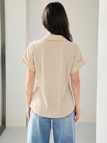 Rikumo 1pc Solid Color Woven Asymmetric/Asymmetrical Shirt, Office & Casual Wear, Summer - Apricot - View 3