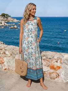Vestido largo casual de mujer con estampado de flores y paisley con bolsillos, sin mangas, básico para uso diario, vacaciones, primavera/verano - Turquesa - Ver 1